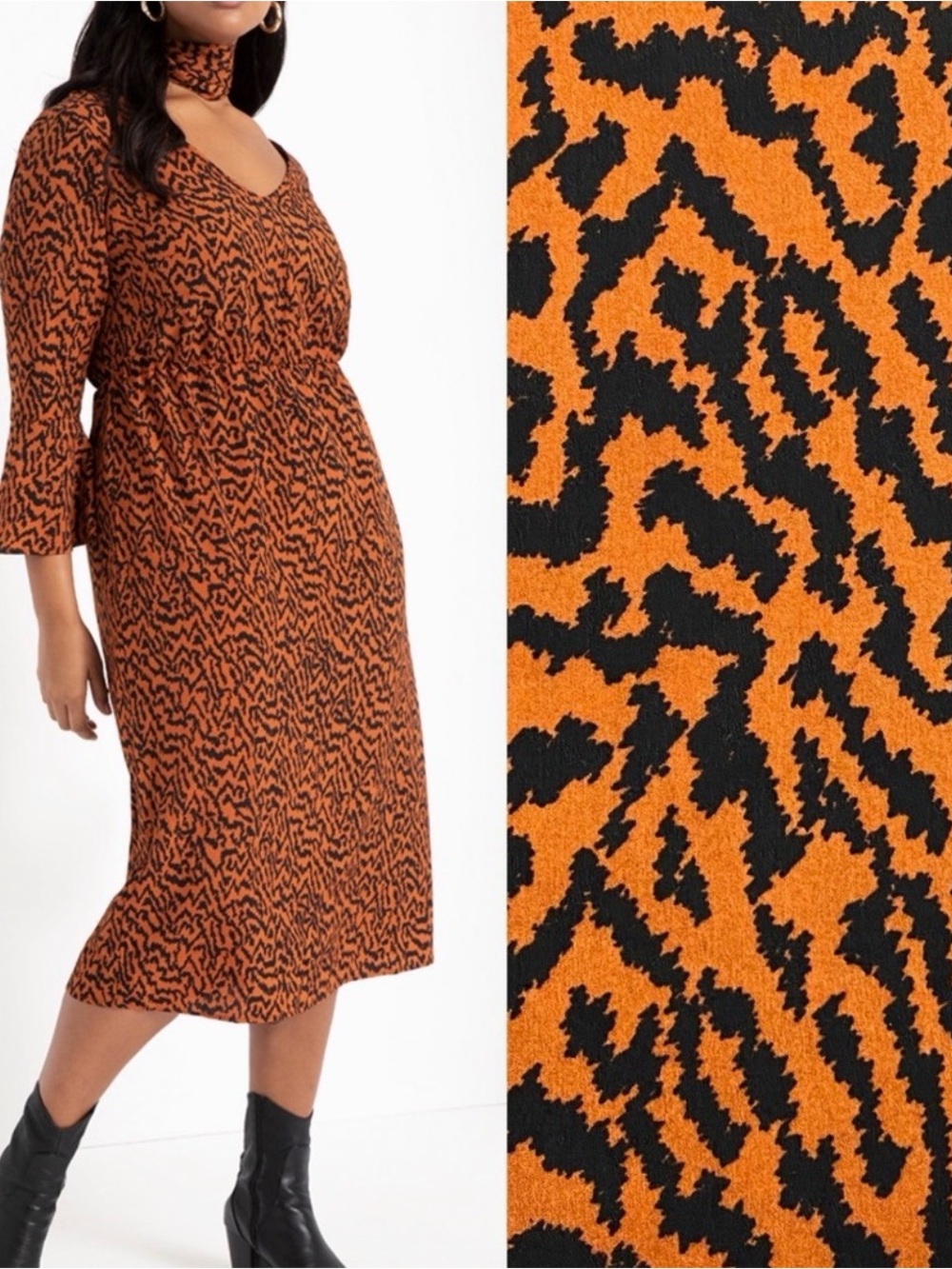 Eloquii X Refinery29 Printed Flare Sleeve Midi Dress With Scarf: Animal Print